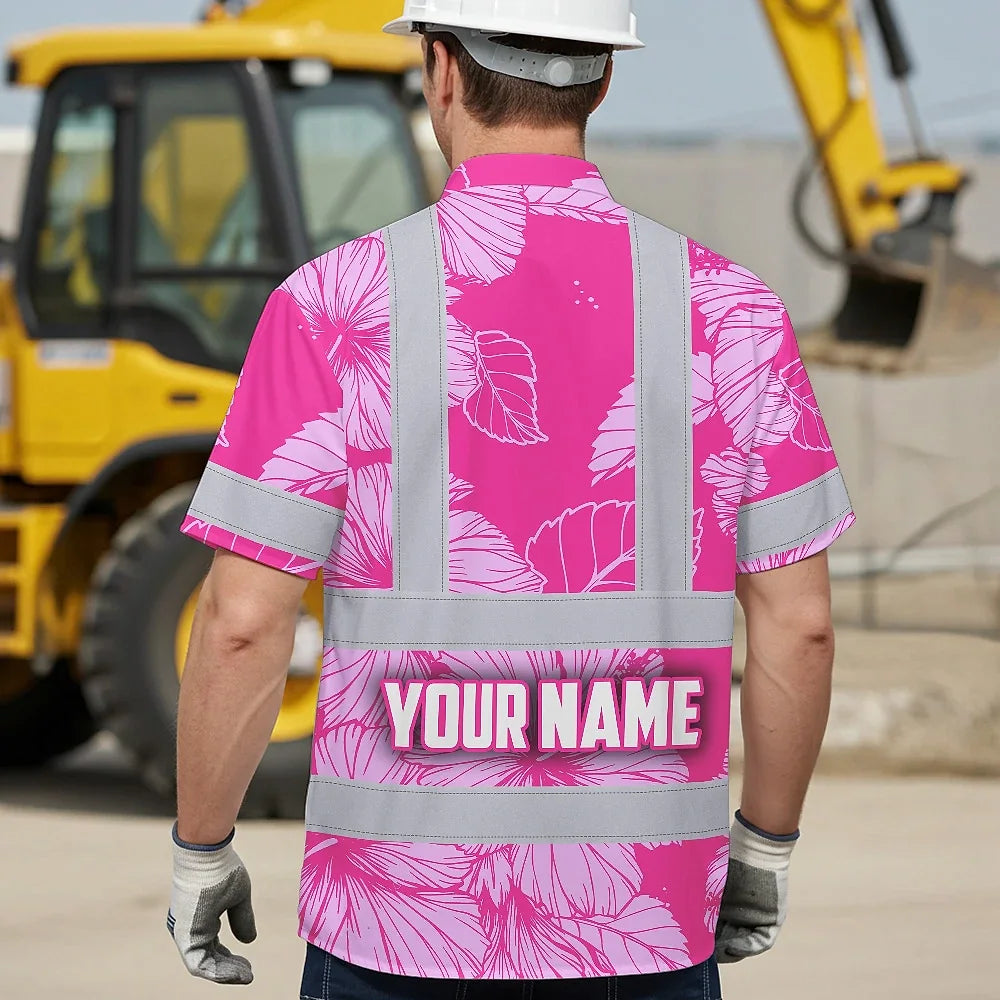 Hi Vis Hawaiian Shirt Reflective Tapes Pink Neon Hibiscus Custom Name Safety Workwear For Workers, Truckers, Operators