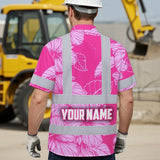 Hi Vis Hawaiian Shirt Reflective Tapes Pink Neon Hibiscus Custom Name Safety Workwear For Workers, Truckers, Operators