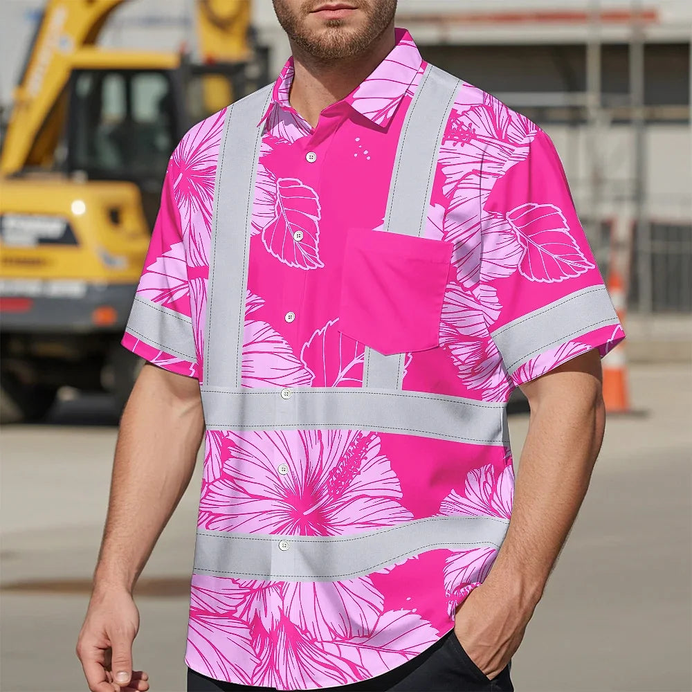 Hi Vis Hawaiian Shirt Reflective Tapes Pink Neon Hibiscus Custom Name Safety Workwear For Workers, Truckers, Operators