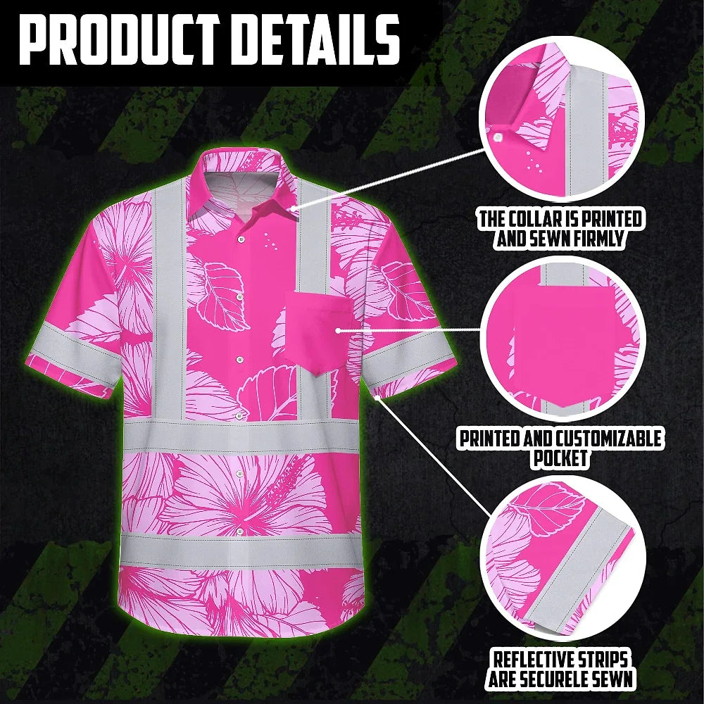 Hi Vis Hawaiian Shirt Reflective Tapes Pink Neon Hibiscus Custom Name Safety Workwear For Workers, Truckers, Operators