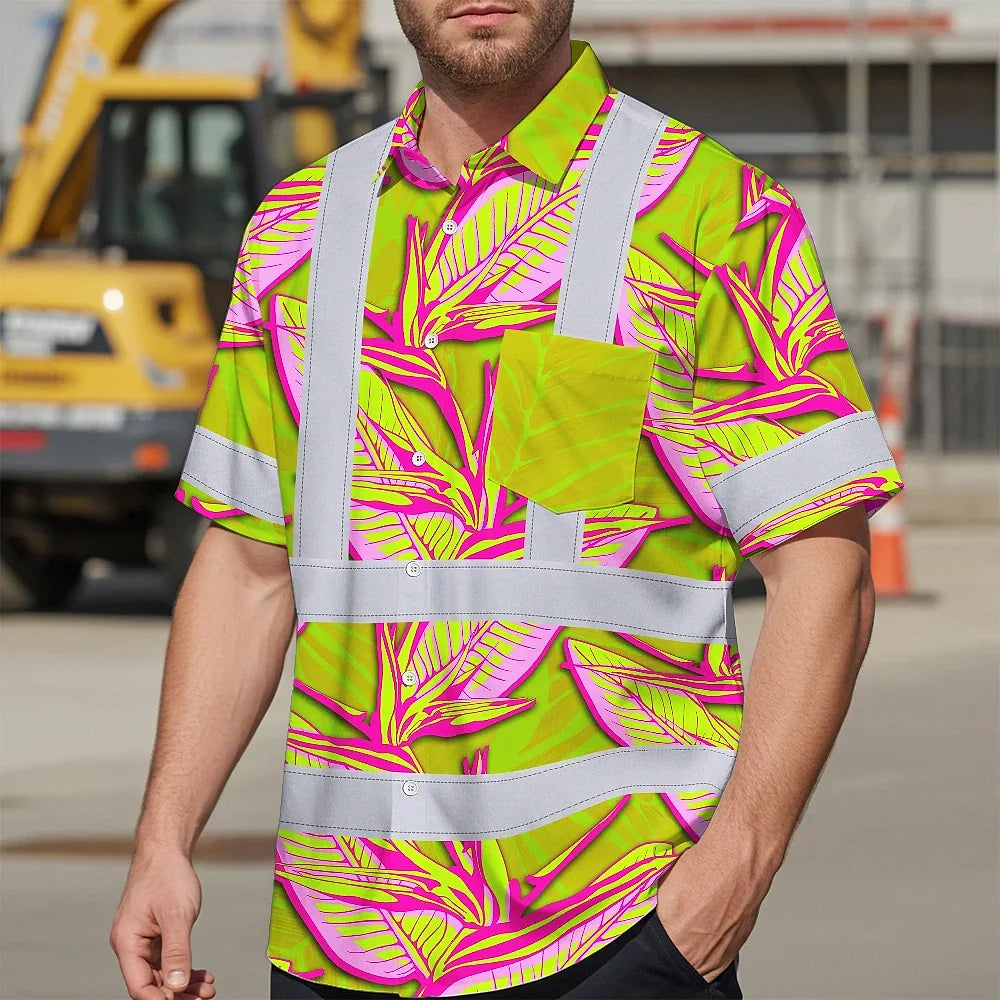Hi Vis Hawaiian Shirt Reflective Tapes Pink Neon Lime Bird of Paradise Custom Name Safety Workwear For Workers, Truckers, Operators