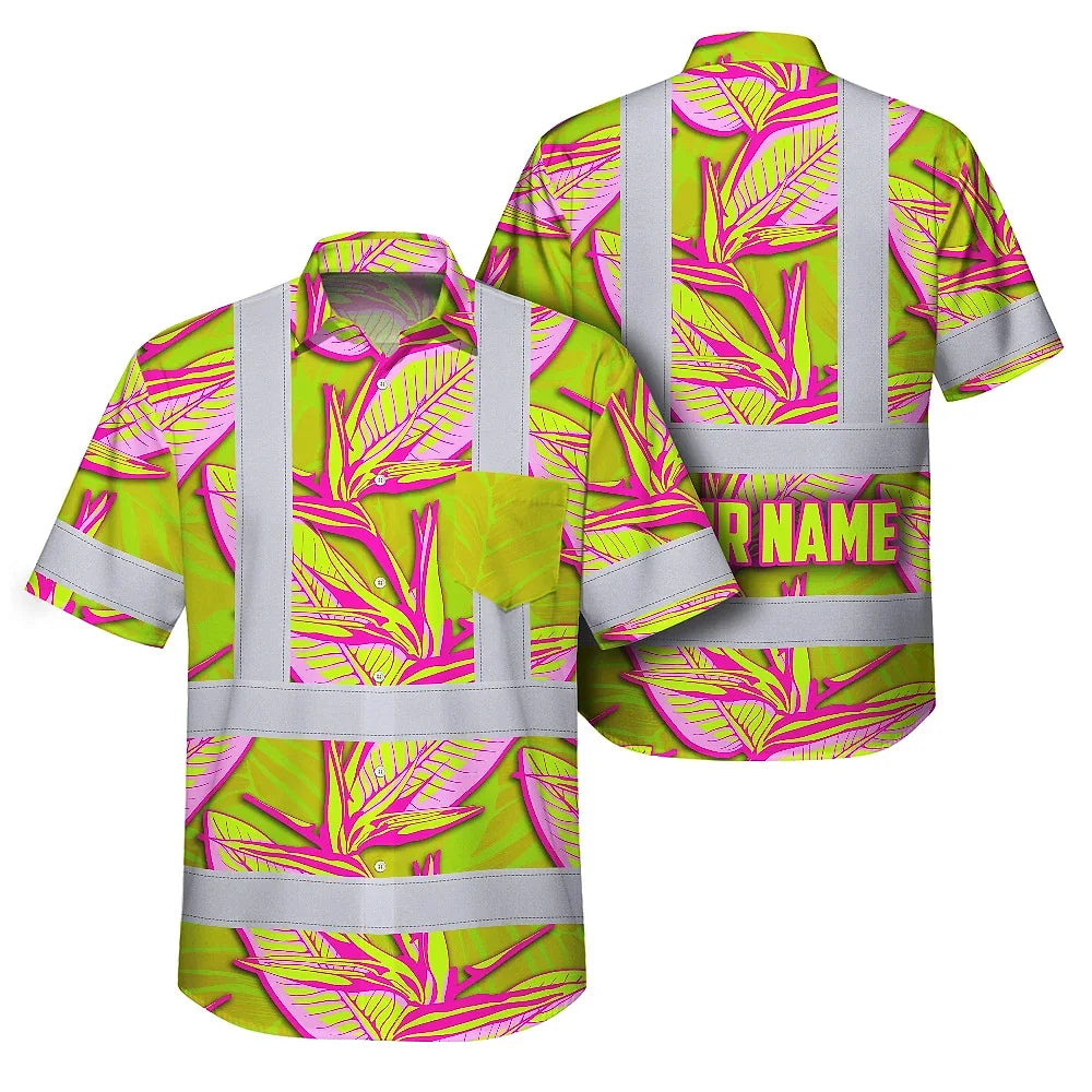 Hi Vis Hawaiian Shirt Reflective Tapes Pink Neon Lime Bird of Paradise Custom Name Safety Workwear For Workers, Truckers, Operators