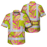 Hi Vis Hawaiian Shirt Reflective Tapes Pink Neon Lime Bird of Paradise Custom Name Safety Workwear For Workers, Truckers, Operators