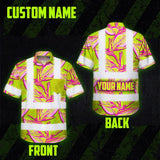 Hi Vis Hawaiian Shirt Reflective Tapes Pink Neon Lime Bird of Paradise Custom Name Safety Workwear For Workers, Truckers, Operators