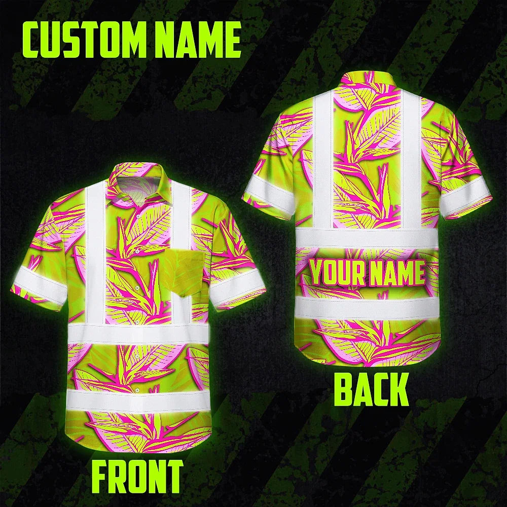 Hi Vis Hawaiian Shirt Reflective Tapes Pink Neon Lime Bird of Paradise Custom Name Safety Workwear For Workers, Truckers, Operators