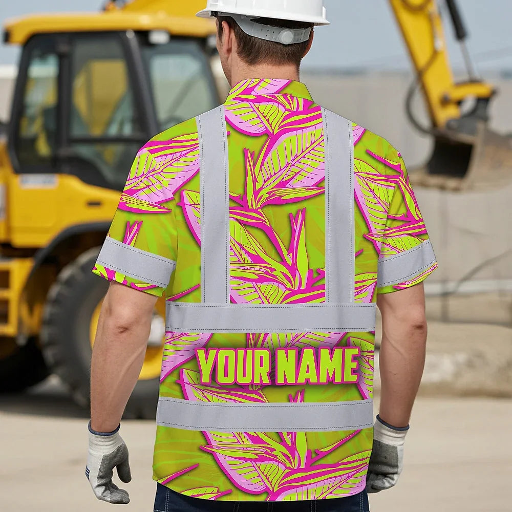 Hi Vis Hawaiian Shirt Reflective Tapes Pink Neon Lime Bird of Paradise Custom Name Safety Workwear For Workers, Truckers, Operators