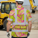 Hi Vis Hawaiian Shirt Reflective Tapes Pink Neon Lime Bird of Paradise Custom Name Safety Workwear For Workers, Truckers, Operators