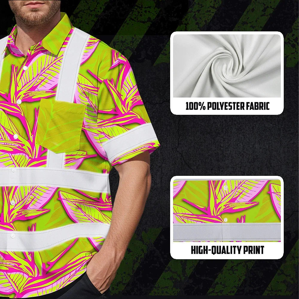 Hi Vis Hawaiian Shirt Reflective Tapes Pink Neon Lime Bird of Paradise Custom Name Safety Workwear For Workers, Truckers, Operators