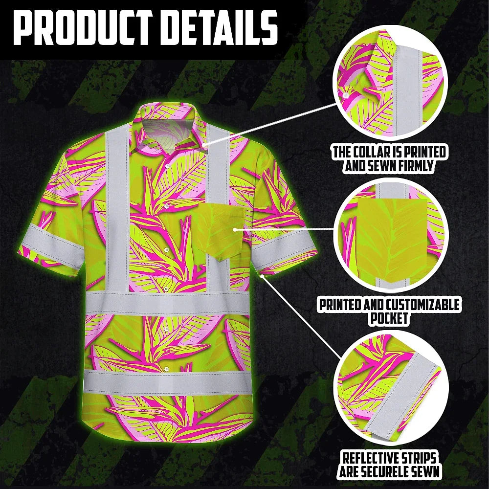 Hi Vis Hawaiian Shirt Reflective Tapes Pink Neon Lime Bird of Paradise Custom Name Safety Workwear For Workers, Truckers, Operators