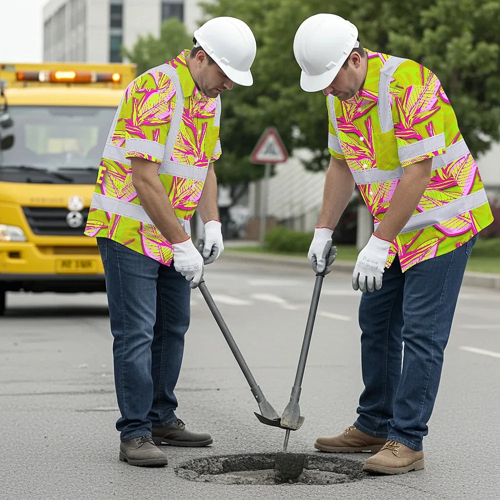 Hi Vis Hawaiian Shirt Reflective Tapes Pink Neon Lime Bird of Paradise Custom Name Safety Workwear For Workers, Truckers, Operators