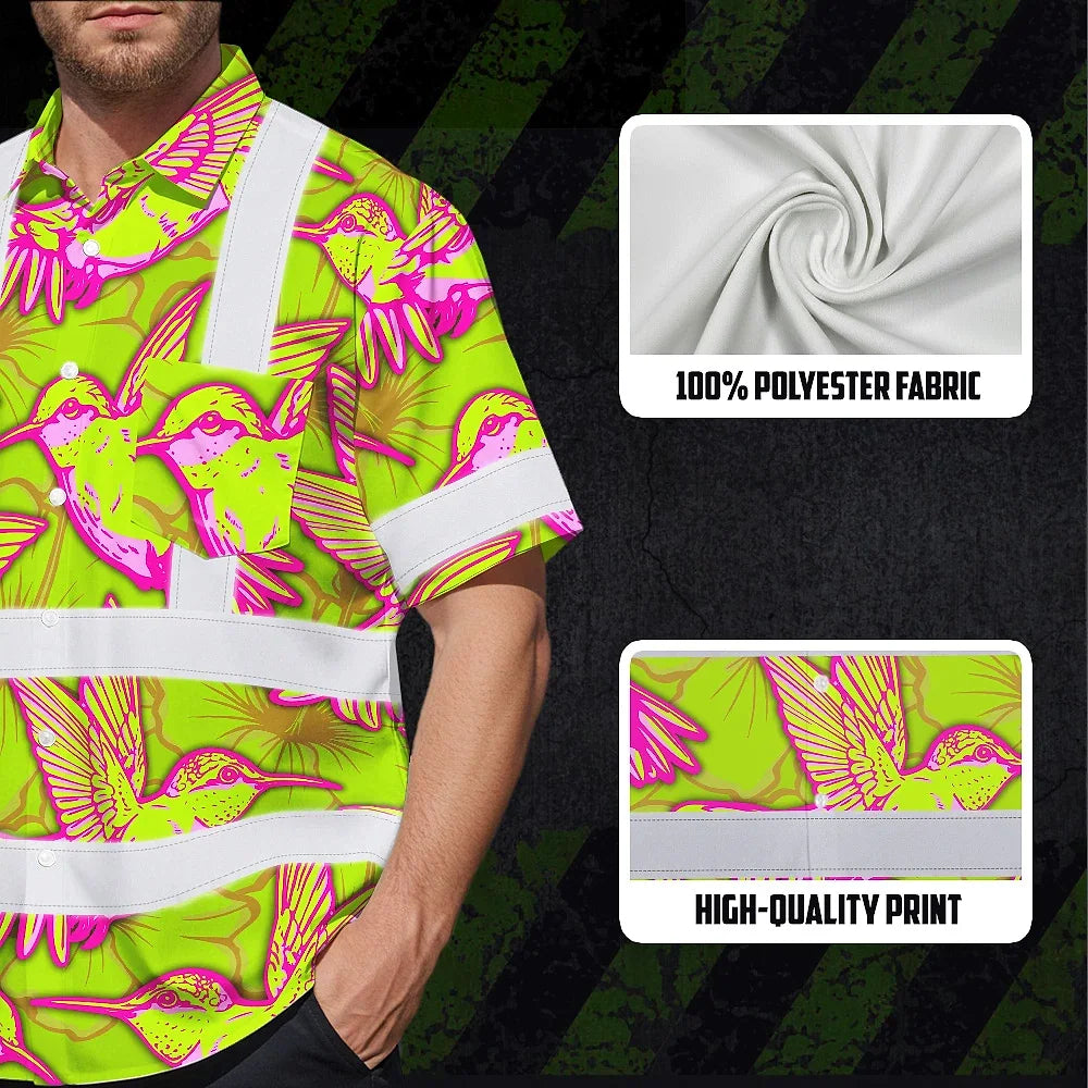 Hi Vis Hawaiian Shirt Reflective Tapes Pink Neon Lime Hummingbird Custom Name Safety Workwear For Workers, Truckers, Operators