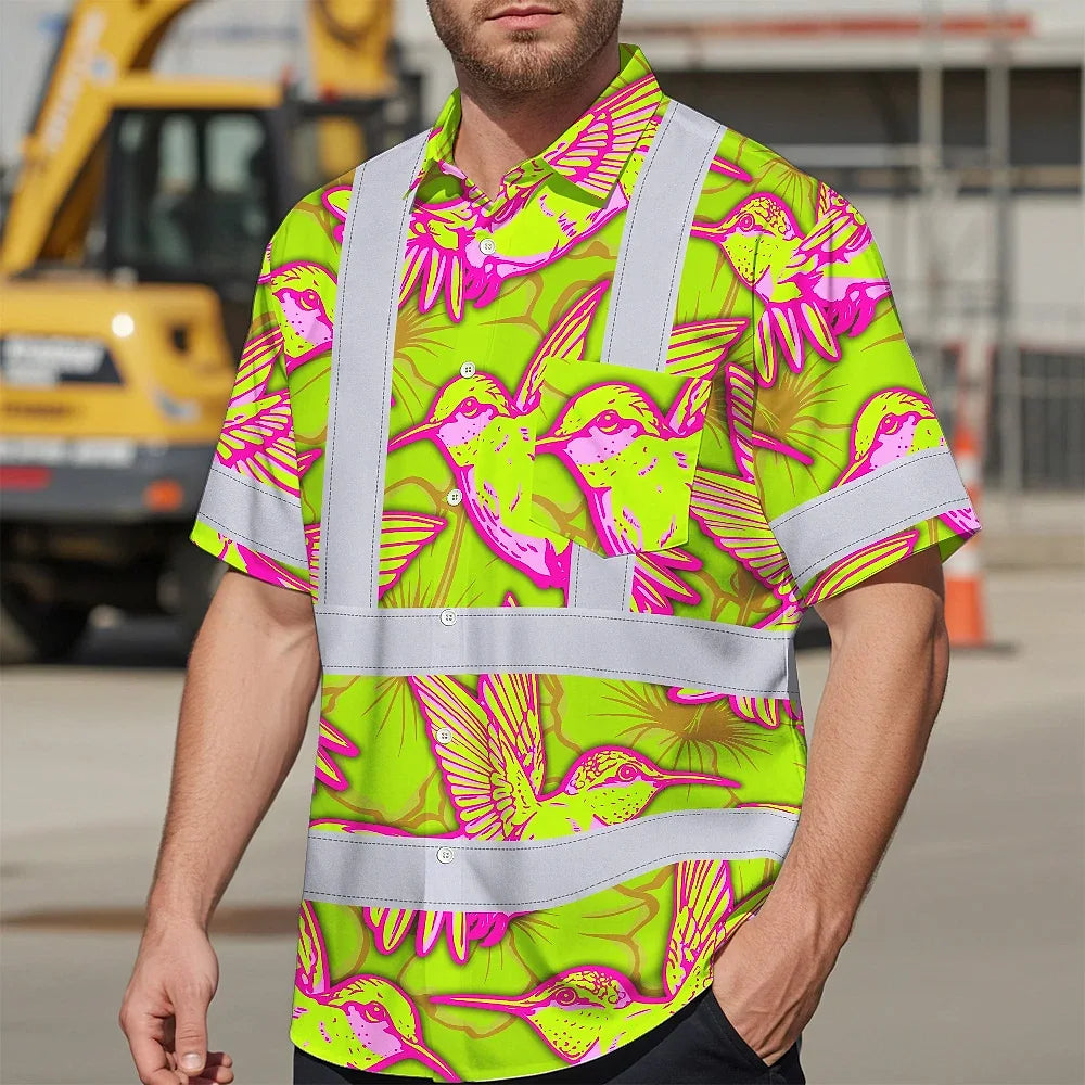 Hi Vis Hawaiian Shirt Reflective Tapes Pink Neon Lime Hummingbird Custom Name Safety Workwear For Workers, Truckers, Operators