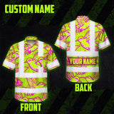 Hi Vis Hawaiian Shirt Reflective Tapes Pink Neon Lime Hummingbird Custom Name Safety Workwear For Workers, Truckers, Operators