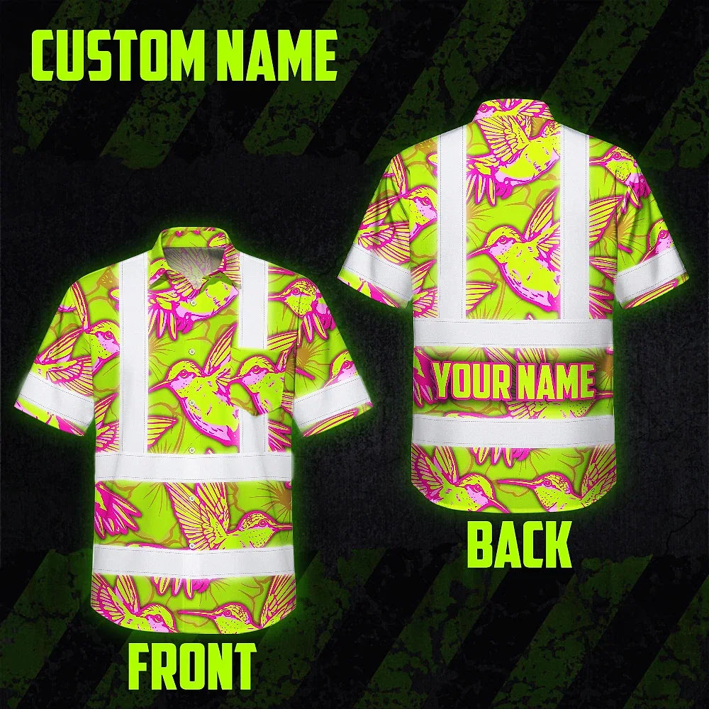 Hi Vis Hawaiian Shirt Reflective Tapes Pink Neon Lime Hummingbird Custom Name Safety Workwear For Workers, Truckers, Operators