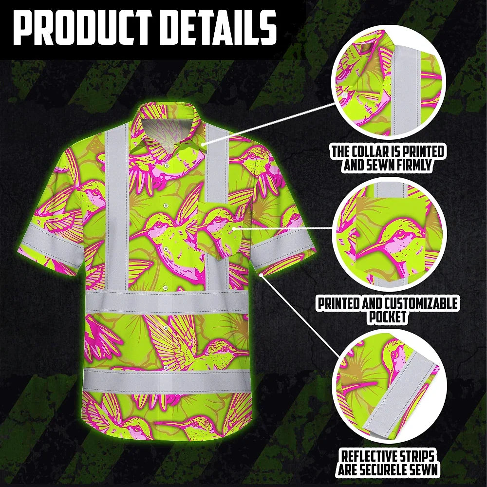 Hi Vis Hawaiian Shirt Reflective Tapes Pink Neon Lime Hummingbird Custom Name Safety Workwear For Workers, Truckers, Operators