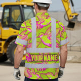 Hi Vis Hawaiian Shirt Reflective Tapes Pink Neon Lime Hummingbird Custom Name Safety Workwear For Workers, Truckers, Operators