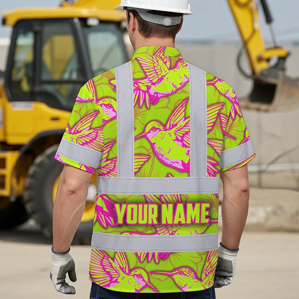 Hi Vis Hawaiian Shirt Reflective Tapes Pink Neon Lime Hummingbird Custom Name Safety Workwear For Workers, Truckers, Operators