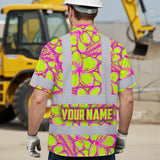 Hi Vis Hawaiian Shirt Reflective Tapes Pink Neon Lime Plumeria Custom Name Safety Workwear For Workers, Truckers, Operators