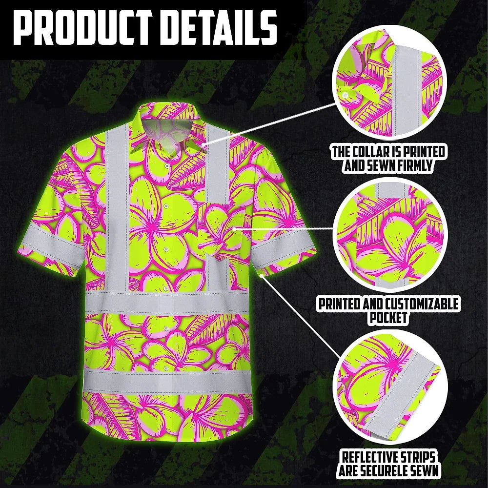 Hi Vis Hawaiian Shirt Reflective Tapes Pink Neon Lime Plumeria Custom Name Safety Workwear For Workers, Truckers, Operators