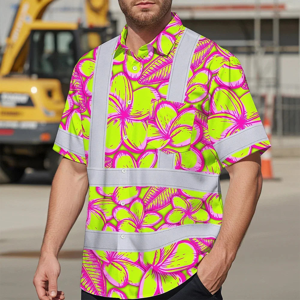 Hi Vis Hawaiian Shirt Reflective Tapes Pink Neon Lime Plumeria Custom Name Safety Workwear For Workers, Truckers, Operators