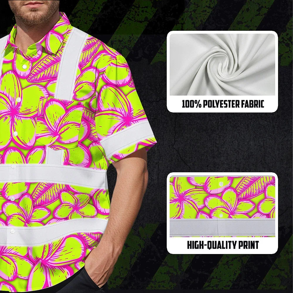Hi Vis Hawaiian Shirt Reflective Tapes Pink Neon Lime Plumeria Custom Name Safety Workwear For Workers, Truckers, Operators