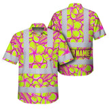Hi Vis Hawaiian Shirt Reflective Tapes Pink Neon Lime Plumeria Custom Name Safety Workwear For Workers, Truckers, Operators