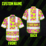 Hi Vis Hawaiian Shirt Reflective Tapes Pink Neon Lime Plumeria Custom Name Safety Workwear For Workers, Truckers, Operators