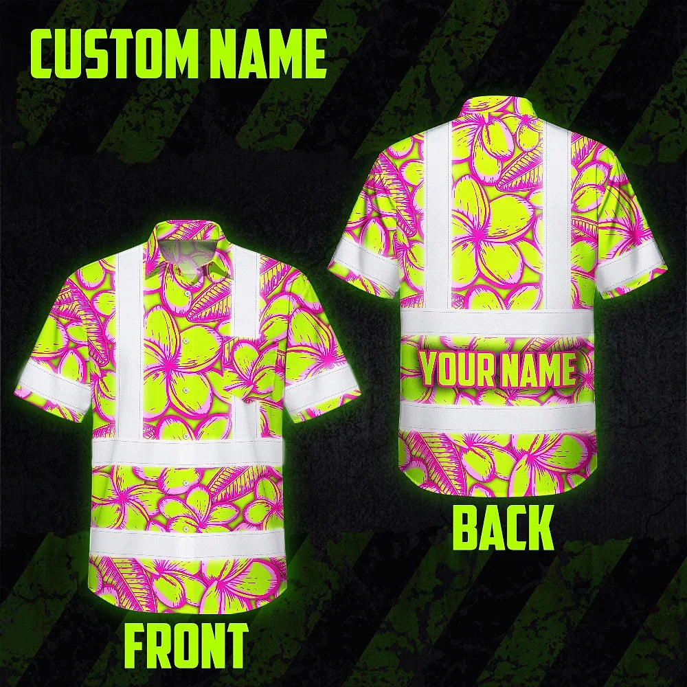 Hi Vis Hawaiian Shirt Reflective Tapes Pink Neon Lime Plumeria Custom Name Safety Workwear For Workers, Truckers, Operators