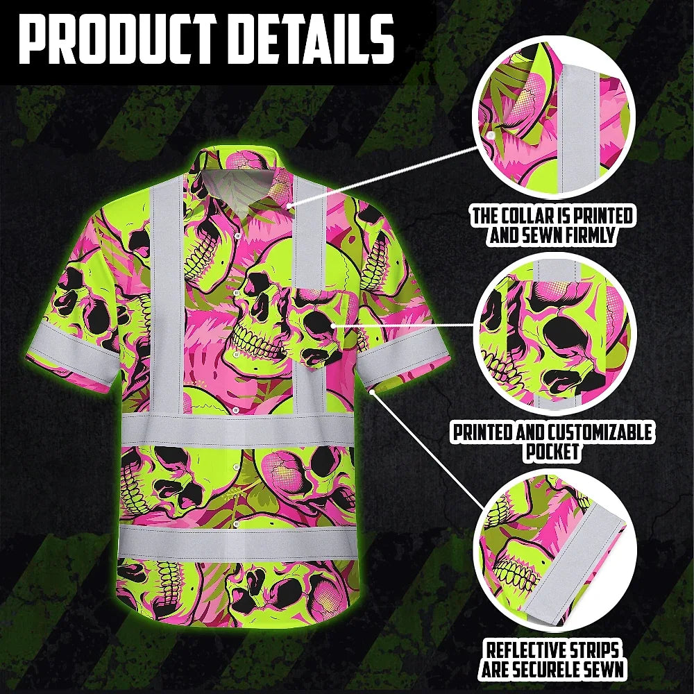 Hi Vis Hawaiian Shirt Reflective Tapes Pink Neon Lime Skull Custom Name Safety Workwear For Workers, Truckers, Operators