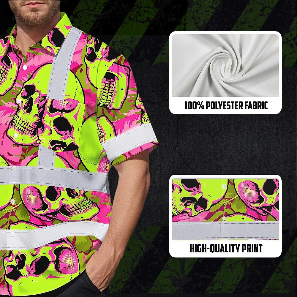 Hi Vis Hawaiian Shirt Reflective Tapes Pink Neon Lime Skull Custom Name Safety Workwear For Workers, Truckers, Operators