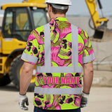 Hi Vis Hawaiian Shirt Reflective Tapes Pink Neon Lime Skull Custom Name Safety Workwear For Workers, Truckers, Operators