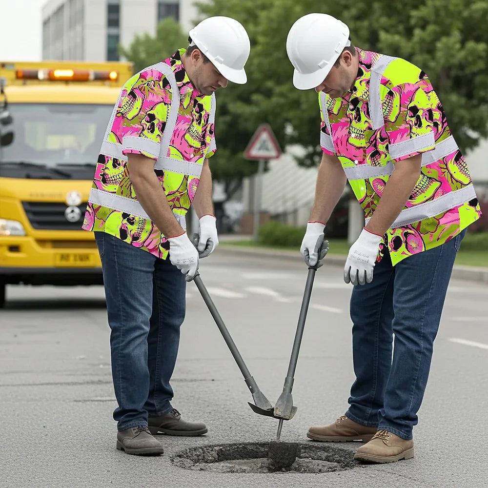 Hi Vis Hawaiian Shirt Reflective Tapes Pink Neon Lime Skull Custom Name Safety Workwear For Workers, Truckers, Operators