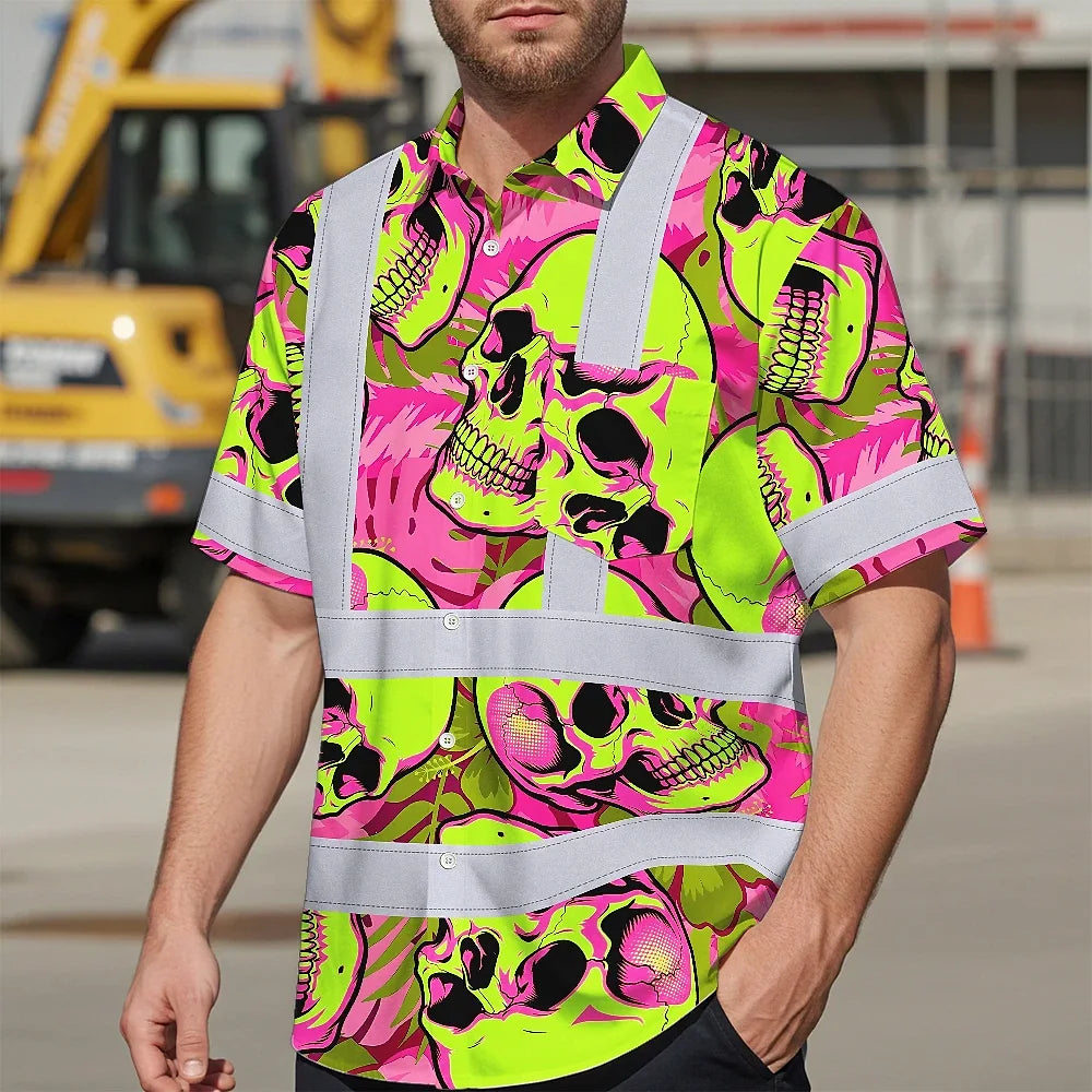 Hi Vis Hawaiian Shirt Reflective Tapes Pink Neon Lime Skull Custom Name Safety Workwear For Workers, Truckers, Operators