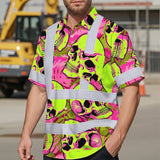 Hi Vis Hawaiian Shirt Reflective Tapes Pink Neon Lime Skull Custom Name Safety Workwear For Workers, Truckers, Operators