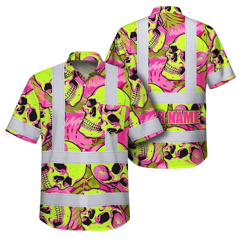 Hi Vis Hawaiian Shirt Reflective Tapes Pink Neon Lime Skull Custom Name Safety Workwear For Workers, Truckers, Operators