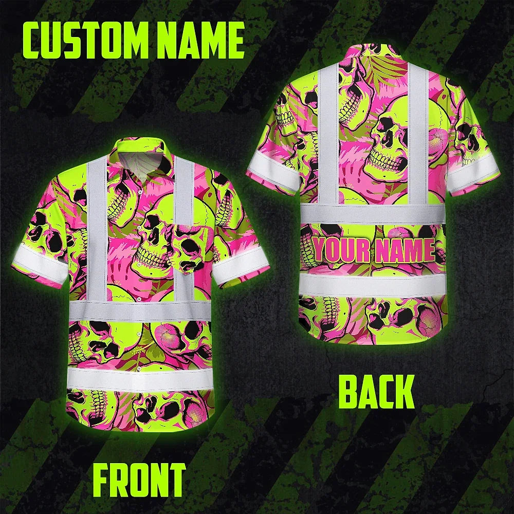 Hi Vis Hawaiian Shirt Reflective Tapes Pink Neon Lime Skull Custom Name Safety Workwear For Workers, Truckers, Operators