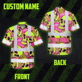 Hi Vis Hawaiian Shirt Reflective Tapes Pink Neon Lime Skull Custom Name Safety Workwear For Workers, Truckers, Operators