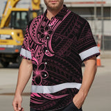Hi Vis Hawaiian Shirt Reflective Tapes Pink Neon Polynesian And Flower Custom Name Safety Workwear For Workers, Truckers, Operators