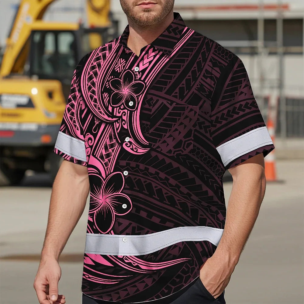Hi Vis Hawaiian Shirt Reflective Tapes Pink Neon Polynesian And Flower Custom Name Safety Workwear For Workers, Truckers, Operators