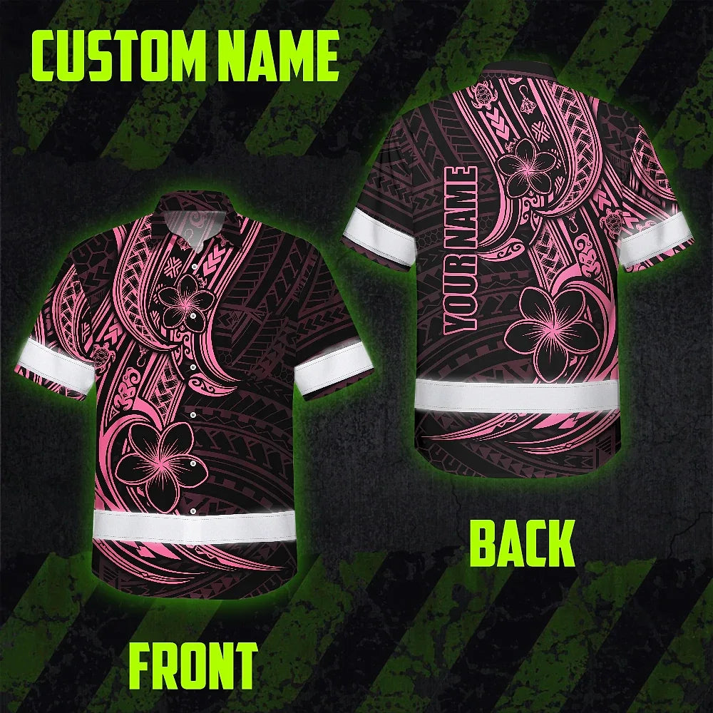 Hi Vis Hawaiian Shirt Reflective Tapes Pink Neon Polynesian And Flower Custom Name Safety Workwear For Workers, Truckers, Operators