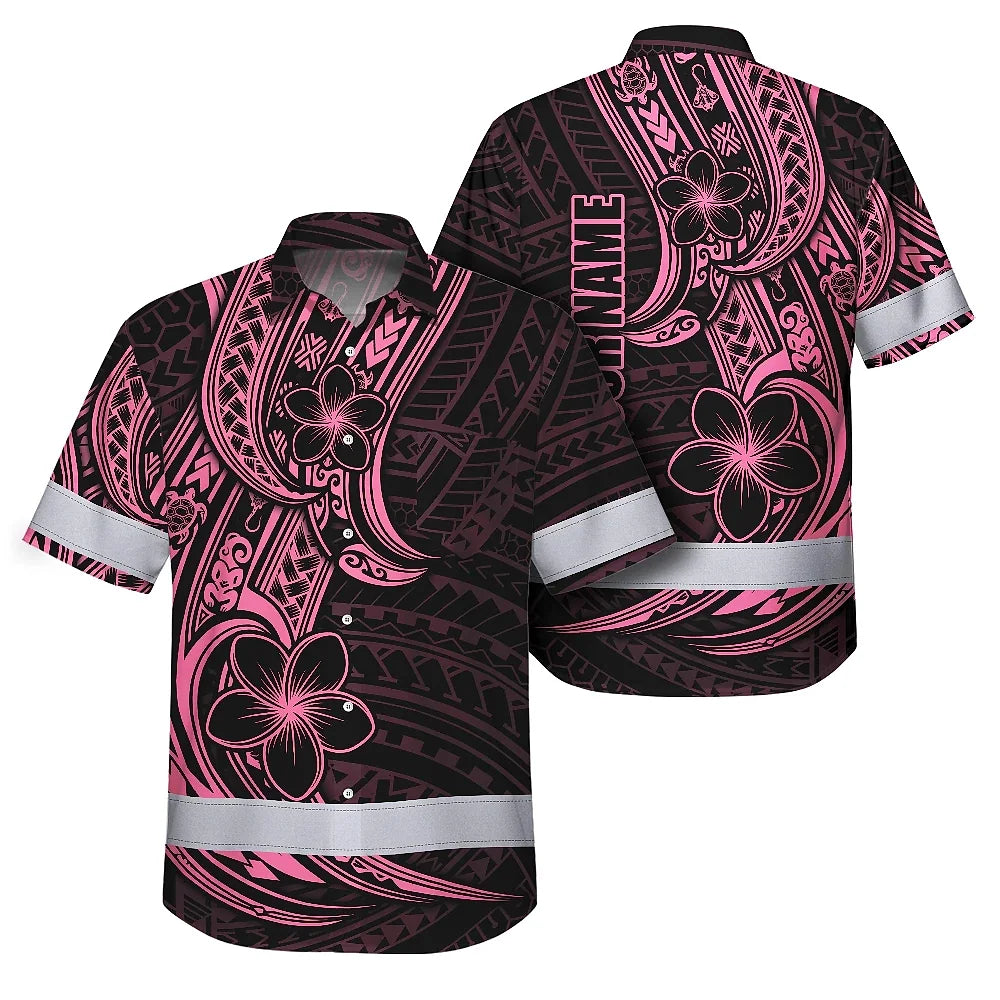 Hi Vis Hawaiian Shirt Reflective Tapes Pink Neon Polynesian And Flower Custom Name Safety Workwear For Workers, Truckers, Operators