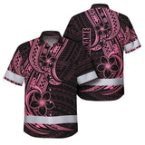 Hi Vis Hawaiian Shirt Reflective Tapes Pink Neon Polynesian And Flower Custom Name Safety Workwear For Workers, Truckers, Operators