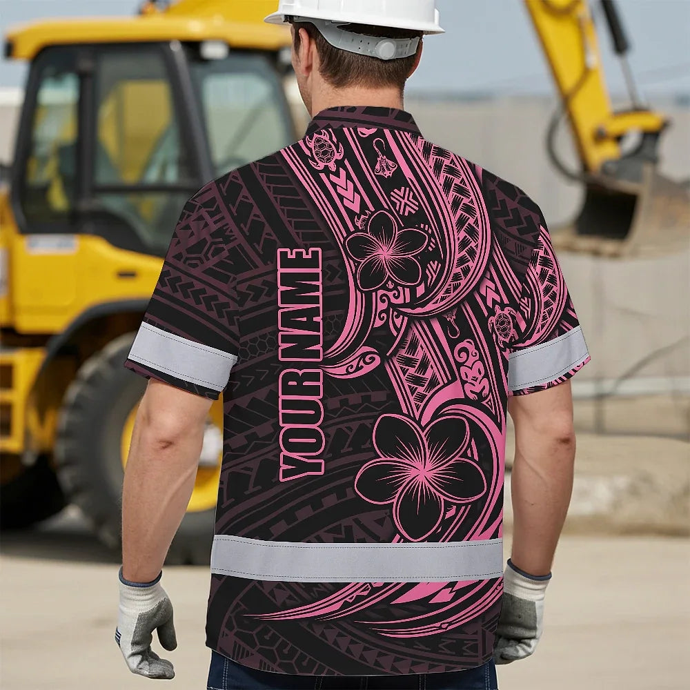 Hi Vis Hawaiian Shirt Reflective Tapes Pink Neon Polynesian And Flower Custom Name Safety Workwear For Workers, Truckers, Operators