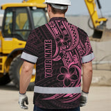 Hi Vis Hawaiian Shirt Reflective Tapes Pink Neon Polynesian And Flower Custom Name Safety Workwear For Workers, Truckers, Operators