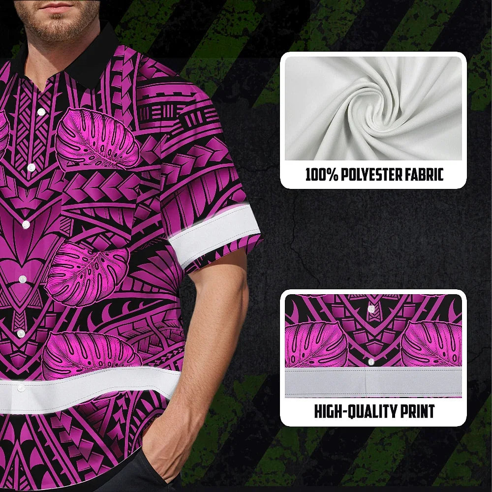 Hi Vis Hawaiian Shirt Reflective Tapes Pink Neon Polynesian Custom Name Safety Workwear For Workers, Truckers, Operators