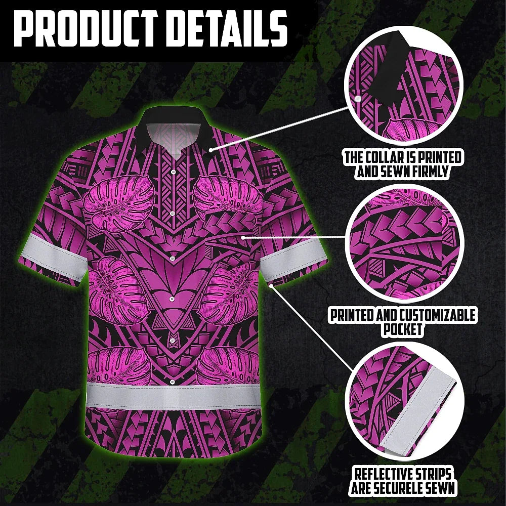 Hi Vis Hawaiian Shirt Reflective Tapes Pink Neon Polynesian Custom Name Safety Workwear For Workers, Truckers, Operators