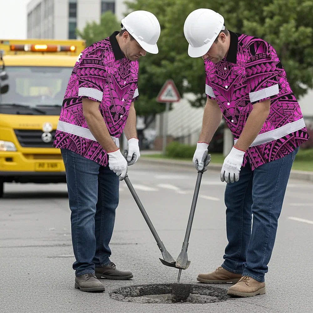 Hi Vis Hawaiian Shirt Reflective Tapes Pink Neon Polynesian Custom Name Safety Workwear For Workers, Truckers, Operators