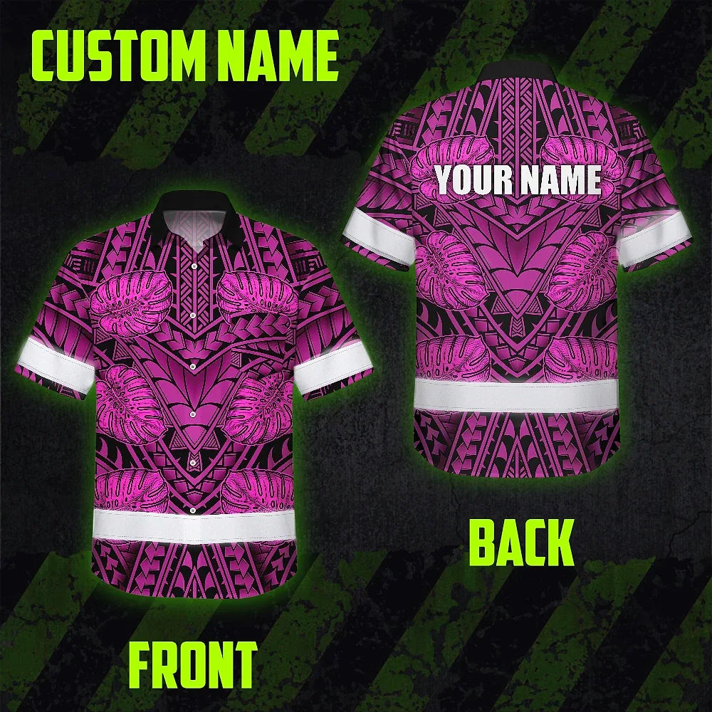 Hi Vis Hawaiian Shirt Reflective Tapes Pink Neon Polynesian Custom Name Safety Workwear For Workers, Truckers, Operators