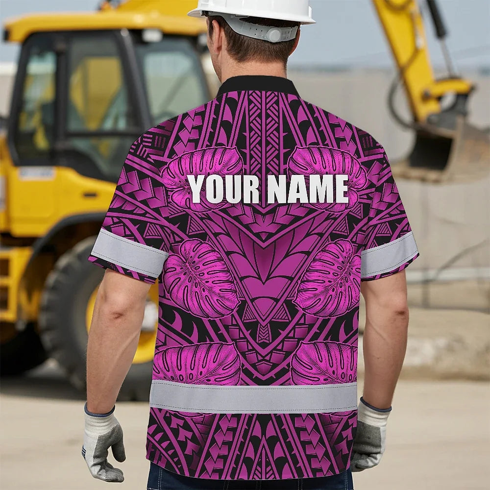 Hi Vis Hawaiian Shirt Reflective Tapes Pink Neon Polynesian Custom Name Safety Workwear For Workers, Truckers, Operators