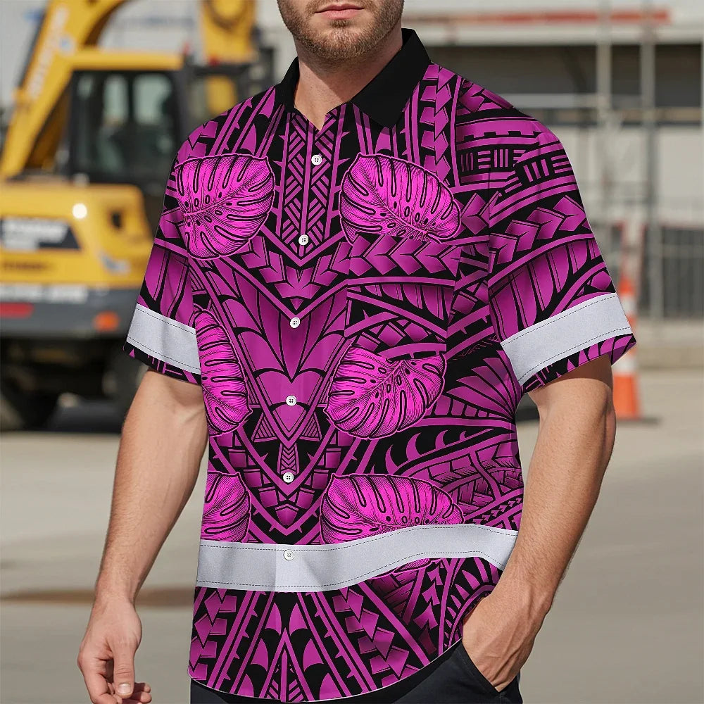Hi Vis Hawaiian Shirt Reflective Tapes Pink Neon Polynesian Custom Name Safety Workwear For Workers, Truckers, Operators